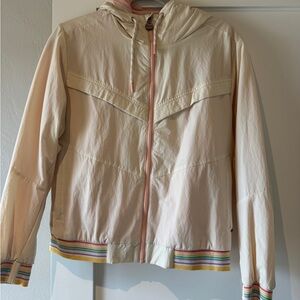 Marine Layer Cream Bomber Jacket with Rainbow Accents